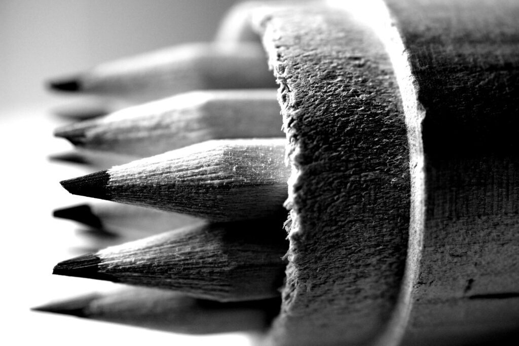 Artistic black and white close-up of pencils in a wooden holder showcasing texture and detail.